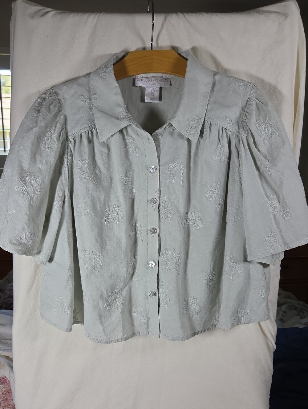 Caroline Constas Sage Green Embroidered Cotton Cropped Button Down Top PS